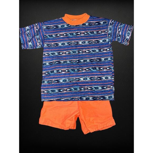 Vintage 80s 90s AOP Surf Skate Tee & Neon Shorts Set Kids Size 6 NWOT - Picture 1 of 6
